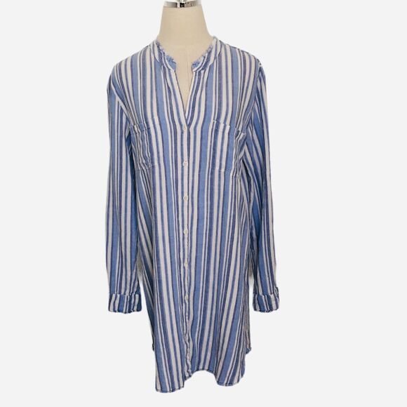 Cloth Stone Anthropologie Shirt Dress Blue Stripe Linen Blend Button Front Large - Picture 2 of 13